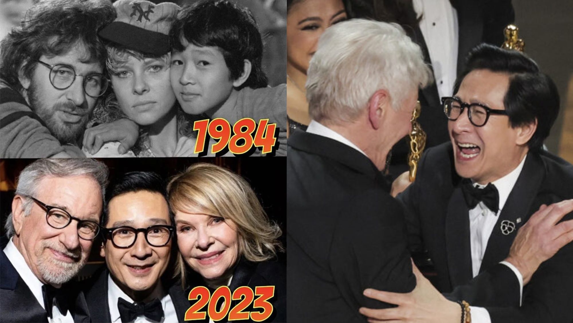 Steven Spielberg, Kate Capshaw, Ke Huy Quan y Harrison Ford
