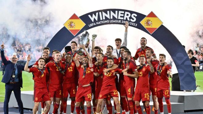 España celebrando la Nations League ganada ayer España celebrando la Nations League ganada ayer