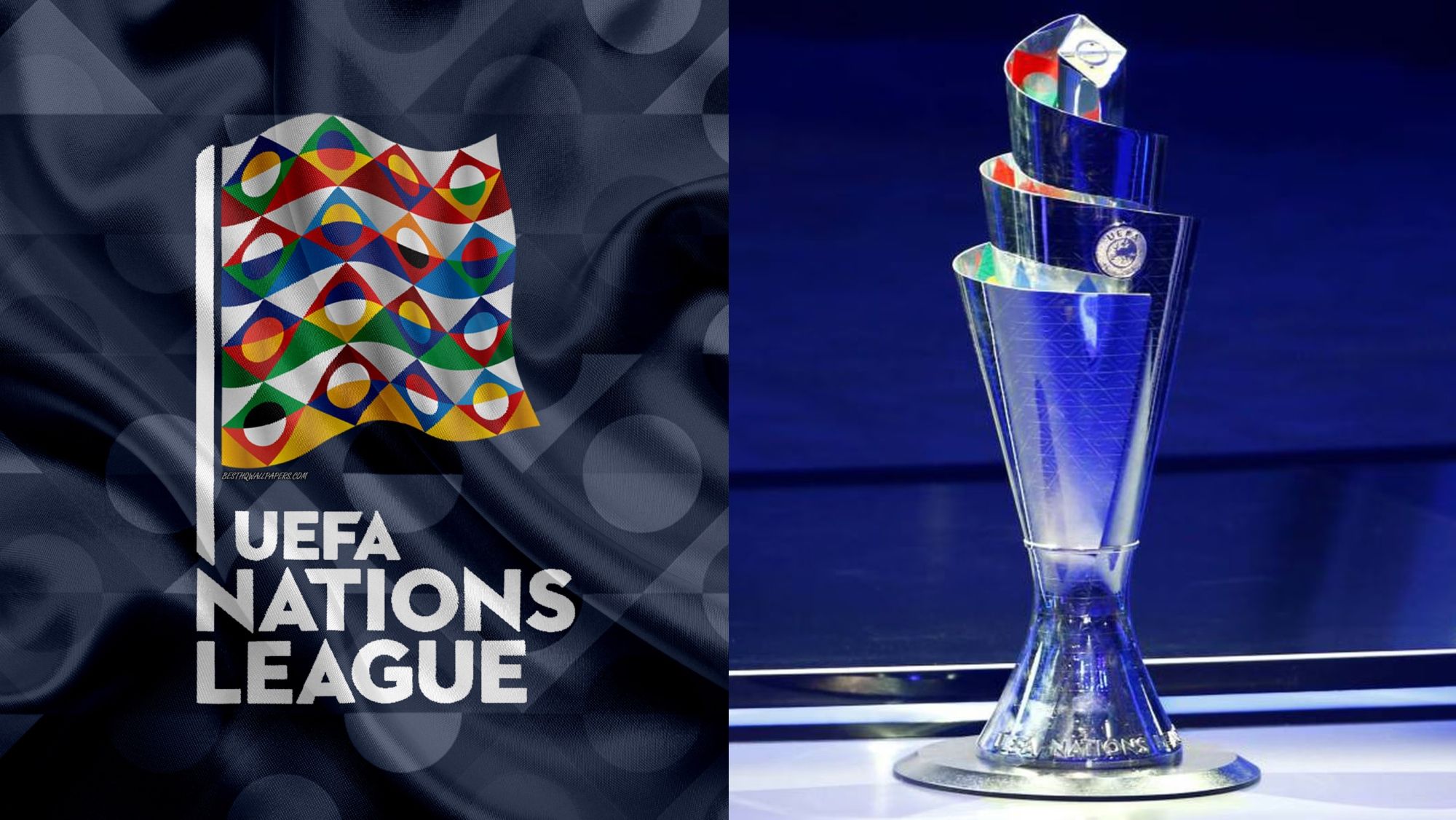La bandera y el trofeo de la UEFA Nations League