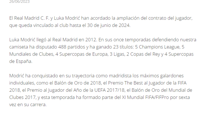 Comunicado oficial del Real Madrid de la renovación de Luka Modric