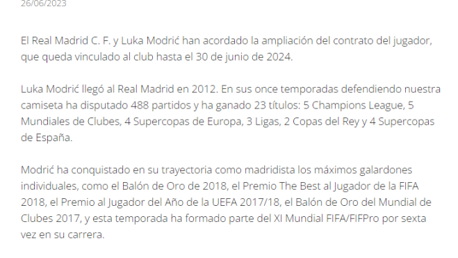 Comunicado oficial del Real Madrid de la renovación de Luka Modric Comunicado oficial del Real Madrid de la renovación de Luka Modric